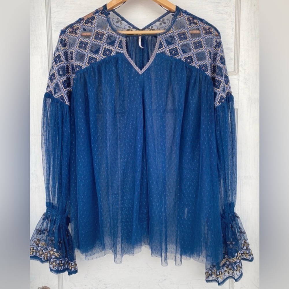 Free People Joyride Lace Embroidered long sleeve top sheer blouse - Picture 12 of 15
